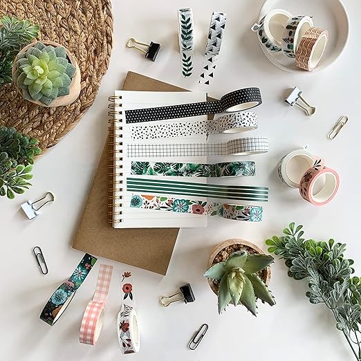 Washi Tape Set of 16 Rolls of 15 mm Wide Cute Decorative Washi Tape for Journaling, Scrapbook, Washy Crafts, Bullet Journals, Planners, DIY Décor, Craft Supplies For Adults & Kids (Meadow)