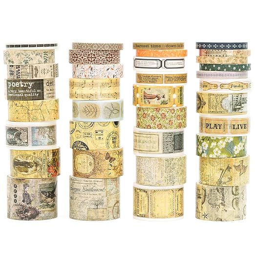 36 Rolls Vintage Washi Tape Pack Retro Arts Adhesive Tapes Wide Chronicle Decorative Masking Tape Sets for Craft, Kids, Scrapbook, DIY, Gift Wrapping (Duke Jorge)