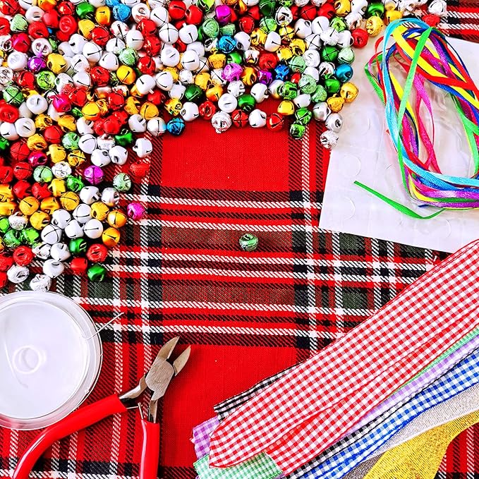 14 Sets Wreath Tree Ornaments Craft Kit with Ribbons, Bows and Bells Assortment for Kids Holiday Winter Bracelets and Necklaces