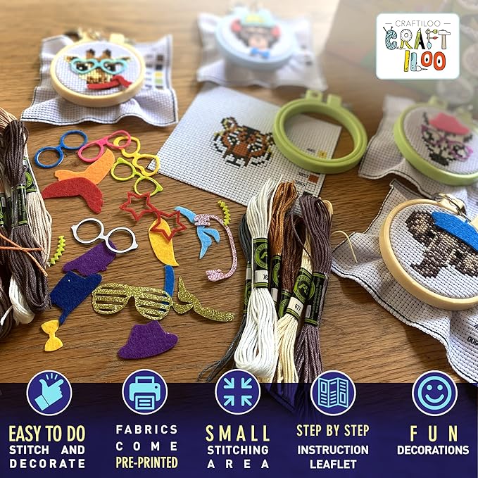 Safari Animals Cross Stitch Kits for Beginners. 5 Stamped Cross Stitch Kits for Kids.Needlepoint Kits for Beginners. Embroidery Kit for Kids. Crossstitch Kit for Beginners. Girls Cross Stitch kit