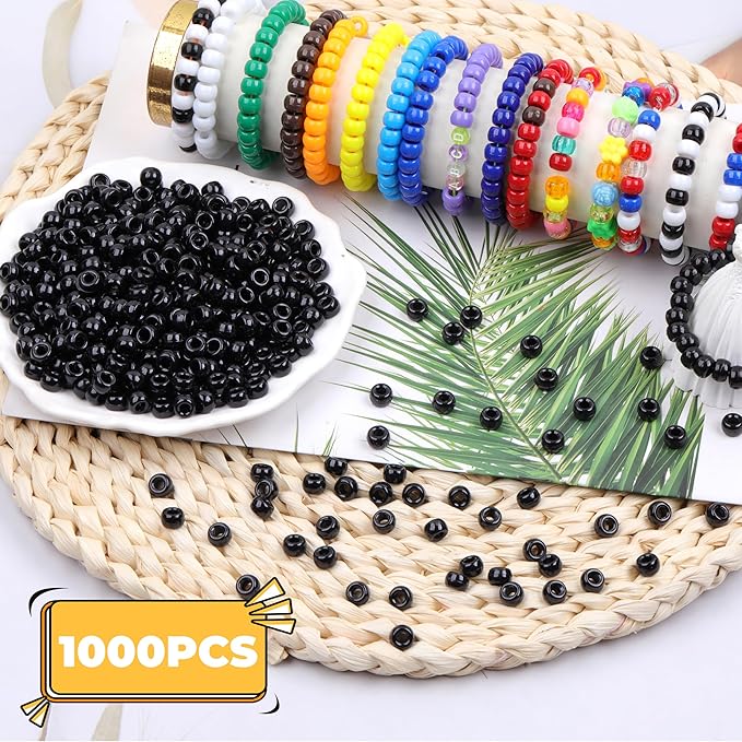 Black Pony Beads Bulk - 1000 Pcs Plastic Beads for Friendship Bracelets, Hair Braiding & Jewelry Making - 6x9mm, Large Hole