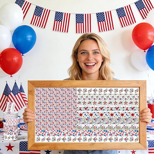 Patriotic Floral Washi Tape - 12 Rolls Red White Blue Flower Designs Acid Free Repositionable Adhesive Paper for Scrapbook Gift Wrapping Card Making Journal Independence Veterans Day Crafts