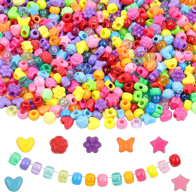 Pony Beads Shapes for Bracelet 1000 Pcs Plastic Star Beads for Friendship Bracelets 6x9mm Round Beads for Hair Braiding Flower Beads for Jewelry Making (Multicolour Pony Beads Shapes)
