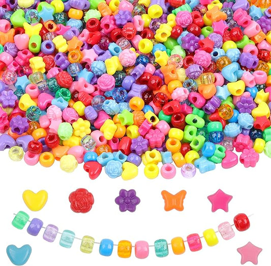 Pony Beads Shapes for Bracelet 1000 Pcs Plastic Star Beads for Friendship Bracelets 6x9mm Round Beads for Hair Braiding Flower Beads for Jewelry Making (Multicolour Pony Beads Shapes)