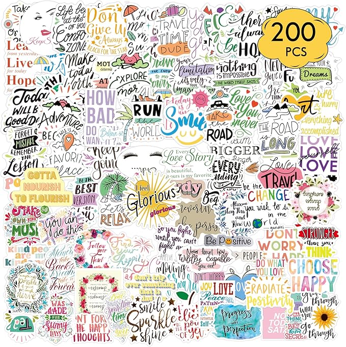 200 pcs quote & positive stickers pack — waterproof motivational vinyl stickers for water bottles, stanley cups, hydro flasks, laptops, computers, vision boards (positive sticker)