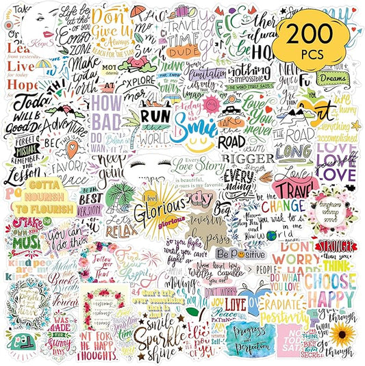200 pcs quote & positive stickers pack — waterproof motivational vinyl stickers for water bottles, stanley cups, hydro flasks, laptops, computers, vision boards (positive sticker)