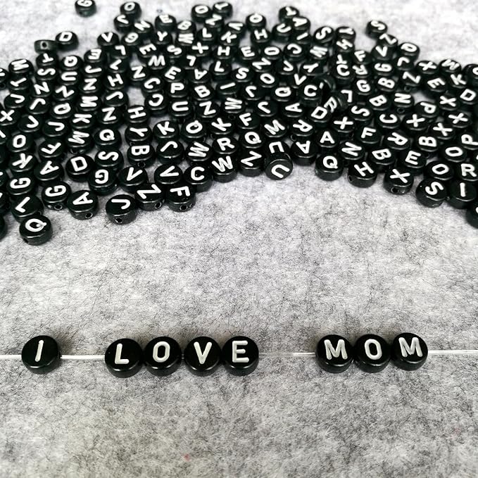 Amaney 1200pcs 7×4mm Black Round Acrylic Alphabet Letter Beads for Jewelry Making Bracelets Necklaces Key Chains Each Letter Included
