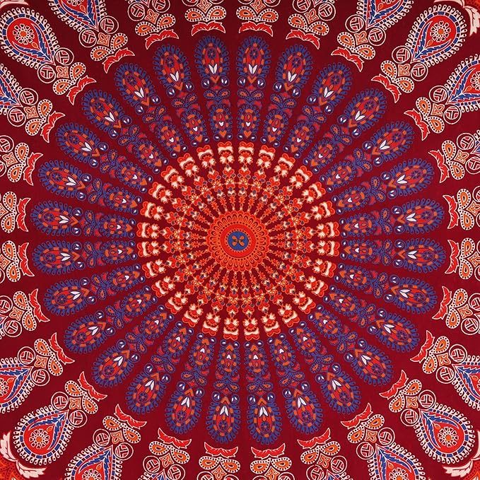 bless international handmade indian hippie bohemian psychedelic peacock mandala wall hanging college dorm beach throws table cloth bedding tapestry (blue red, king(88x104inches)(225x265cms))