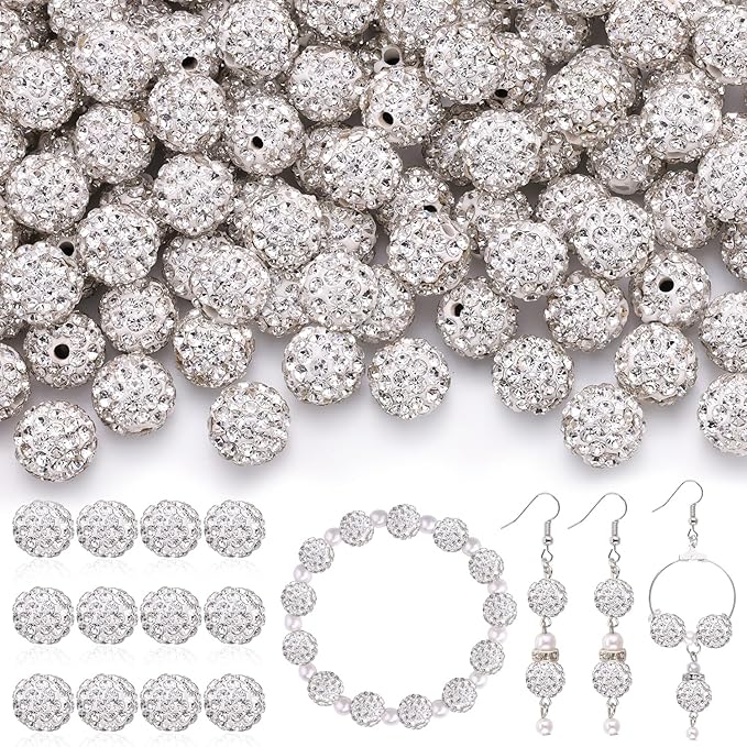 120pcs 10mm rhinestone beads for jewelry making, white shiny round shamballa disco ball beads bulk, sparkle crystal clay christmas for bracelet baseball necklace earring crafting and diy