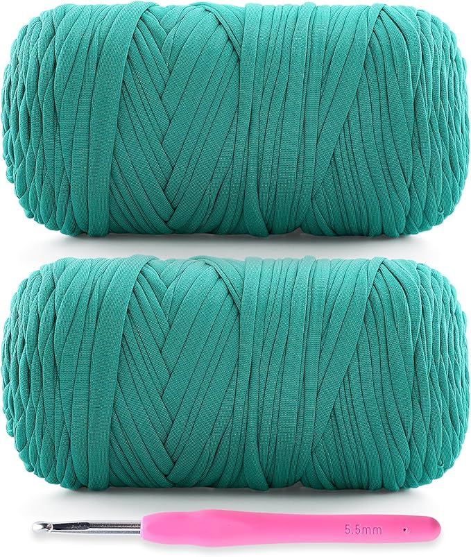 2 Pack Soft T-Shirt Yarn for Crochet, T Shirt Yarns for Crocheting Crafts, Bags, Basket, Coaster, Tshirt Yarns - 800 G/260 Yds with 1 Crochet Hook (2, Peacock Green)