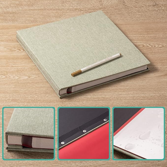 Large Photo Album Self Adhesive 4x6 5x7 6x8 8x10 Pictures Scrapbook Magnetic Album DIY Scrap Book 60 Sticky Pages Linen Cover DIY Photo Album with A Metallic Pen and DIY Accessories(Grass Green)