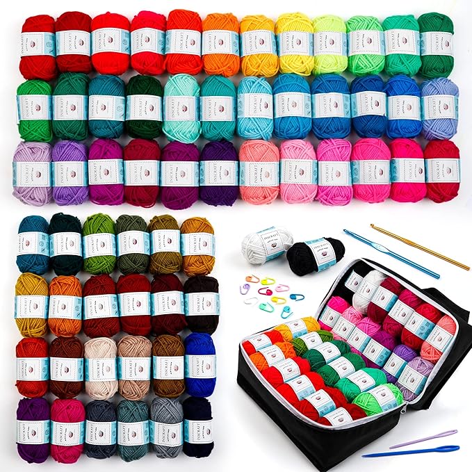 inscraft 62 acrylic yarn skeins, 2170 yards yarn for knitting and crochet, includes 2 crochet hooks,2 weaving needles,10 stitch markers, perfect beginner kit for for adults kids
