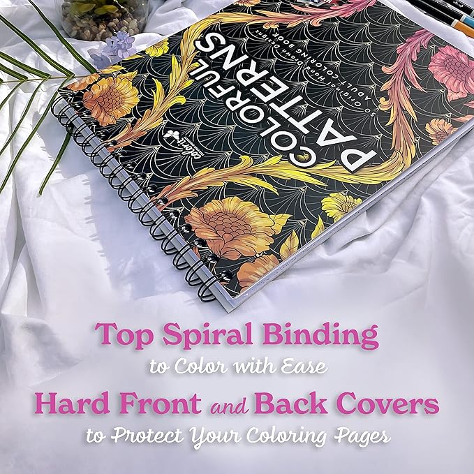 ColorIt Colorful Spiral-Bound Adult Coloring Book with 50 Original Designs - Perforated Lay-Flat Hardback Cover & Ink Blotter Paper for Arts and Crafts - Adult Coloring Book