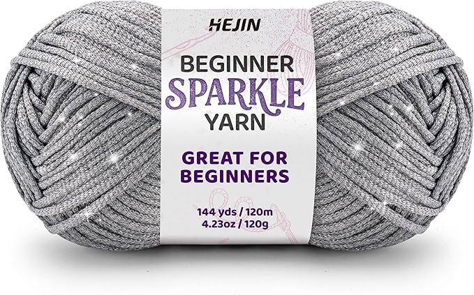 120g Silver Sparkle Yarn for Crocheting and Knitting; 120m(144yds) for Beginners with Easy-to-See Stitches; Worsted-Weight Medium #4; Yarn for Beginners Crochet Kit Making