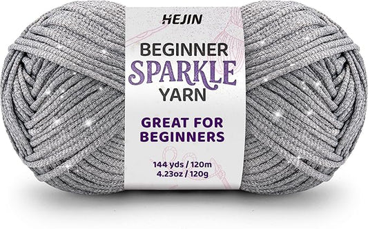 120g Silver Sparkle Yarn for Crocheting and Knitting; 120m(144yds) for Beginners with Easy-to-See Stitches; Worsted-Weight Medium #4; Yarn for Beginners Crochet Kit Making