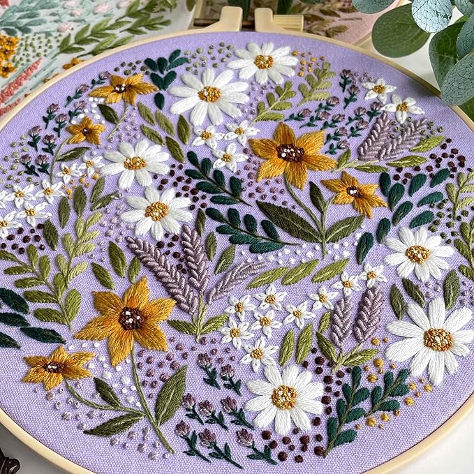 myfelicity embroidery kit, adult embroidery material set with cute flowers and plants patterns. 3 embroidery clothes and colors threads. 1 hoop. (flowers-a)