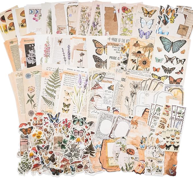 Knaid Vintage Scrapbook Supplies Pack (200 Pieces) for Junk Journal Bullet Journals Planners Botanical Paper Stickers Craft Kits Aesthetic Cottagecore Collage Album (Nature)