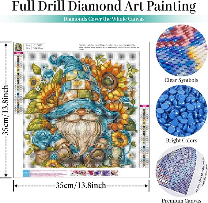 Fountor Gnome Diamond Art Kits for Adults, Gnome Diamond Painting Kits for Adults Beginners, DIY 5D Sunflowers Diamond Painting with Round Gem Art Kits for Gift Home Wall Decor 14x14 Inch