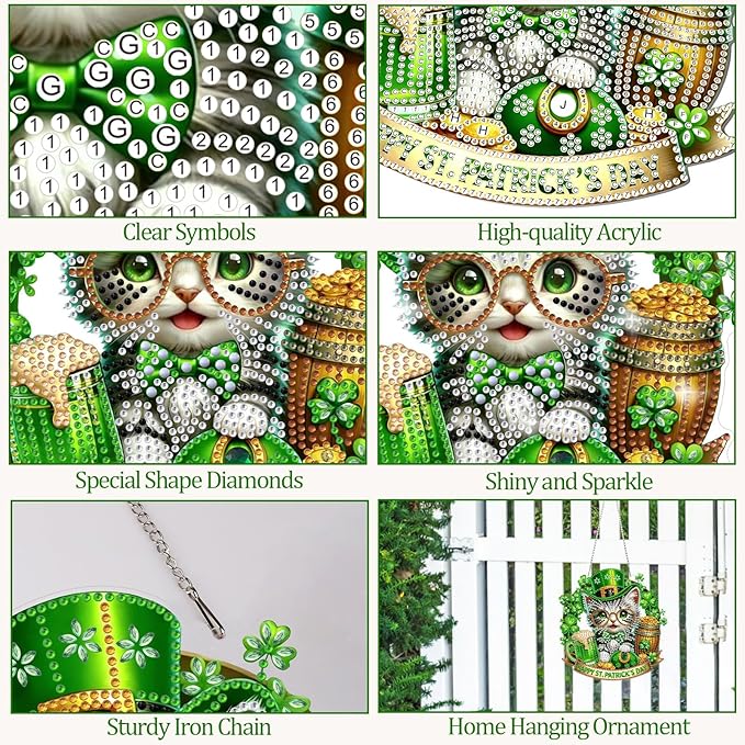 CEOVR St. Patrick's Day Diamond Painting Pendant, Cat Hanging Diamond Art for Adults, DIY Gem Art Wall Hanging Ornament, Acrylic Home Garden Decor with Chain, Box Kit 7.55×7.87inch