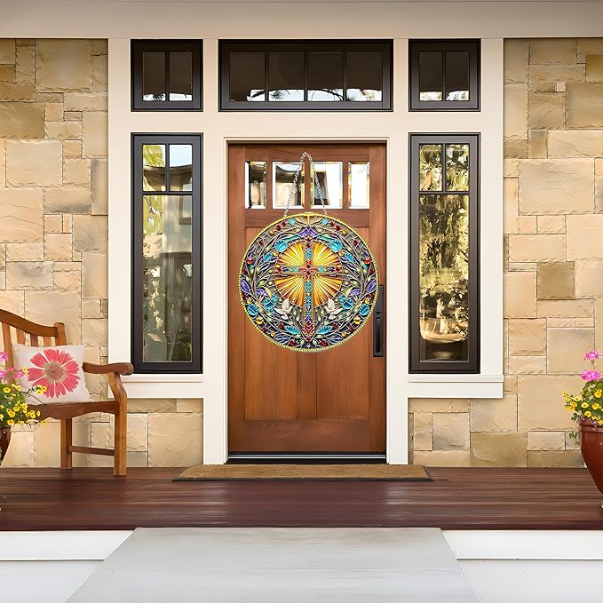DIY Acrylic Diamond Art Painting Wreath Kits Special Shaped Rhinestone 5D Diamond Art Window Pendants Home Garden Wall Hanging Kits Hanging Ornament (Cross-1)