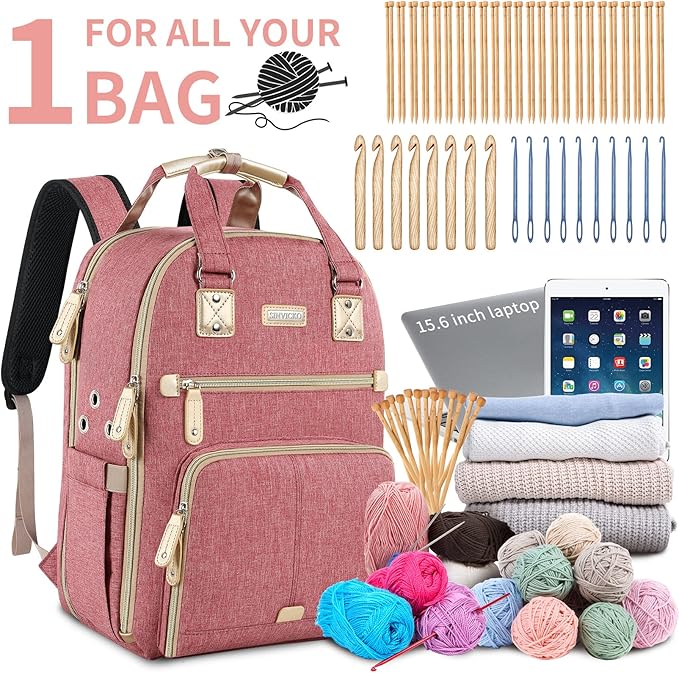 Crochet Bag, Knitting Bag Backpack and Totes Organizer with USB Charging Port, Large Yarn Storage Tote Bag