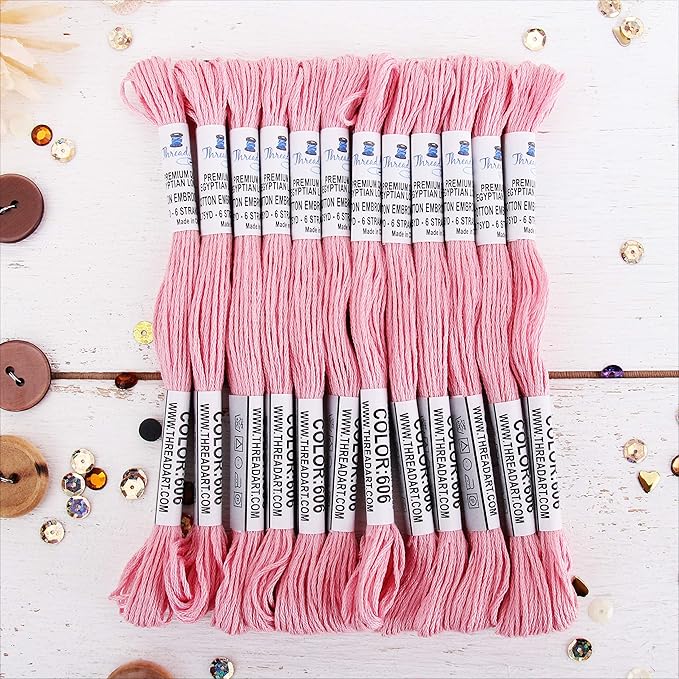 12 Skeins ThreadArt Premium Egyptian Long Fiber Cotton Embroidery Floss | Light Pink | 6 Strand Divisible Thread 8.75yds Each for Hand Embroidery, Friendship Bracelets, Cross Stitch and Crafts