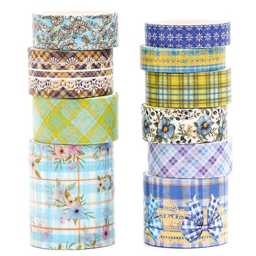 10 Rolls Vintage Floral Washi Tape Set Pastel Plaid Arts Adhesive Tapes Soft Colors Decorative Masking Tape Sets for Craft, Kids, Scrapbook, DIY, Gift Wrapping (Blue Bow)
