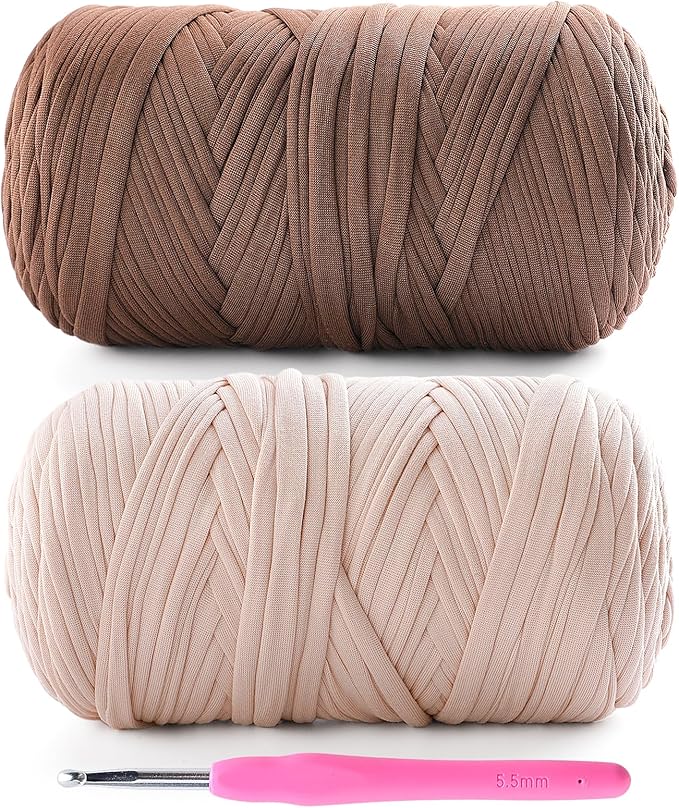 2 Pack Tshirt Yarn for Crochet - 800 G/260 Yds T Shirt Soft Elastic Fabric T-Shirt Yarn for Crocheting Bags Baskets Home Decor with 1 Crochet Hook (2, Beige+Coffee)