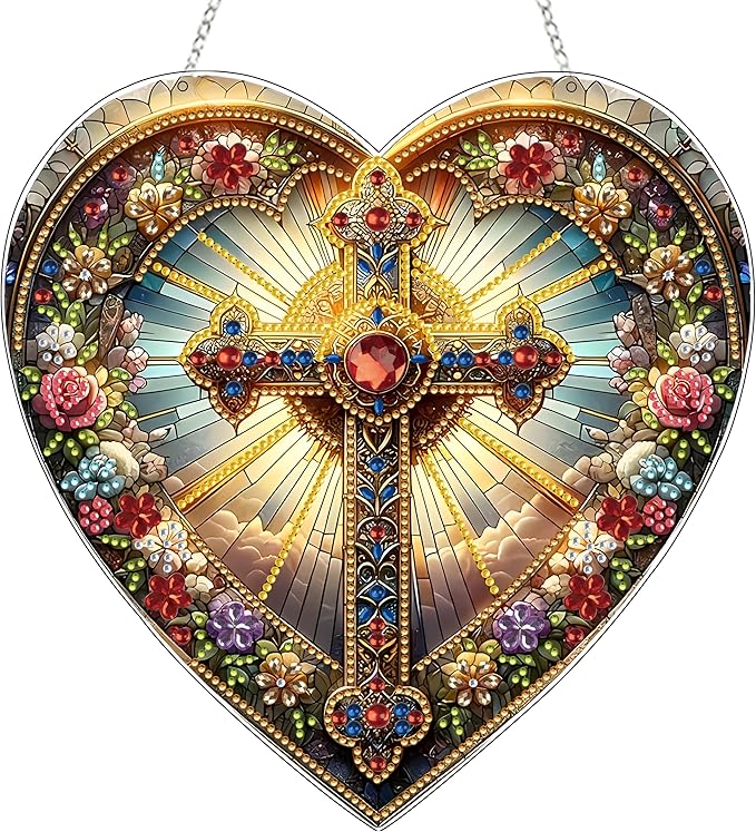 JJFox DIY Acrylic Diamond Art Painting Wreath Kits Special Shaped Rhinestone Diamond Art Window Pendants Home Garden Wall Hanging Kits Hanging Ornament (Cross-1)