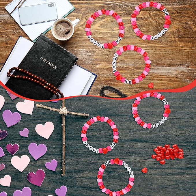 Ferreve 35 Sets Valentine's Day Christian Craft Kit Jesus Love Me DIY Bead Wristband Craft Kit Letter Charms for Valentine Galentines Vbs Week Religious Bible Verse Gifts Jewelry Making
