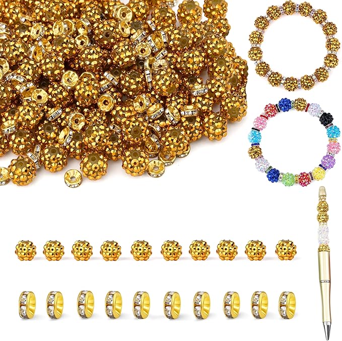 LAIDANLA 250pcs 12mm Gold Rhinestone Beads and 8mm Rondelle Spacer Beads for Beadable Pens, Sparkly Shamballa Disco Baseball Bead for DIY Jewelry Making, Bracelets, Necklaces, Earring Craft