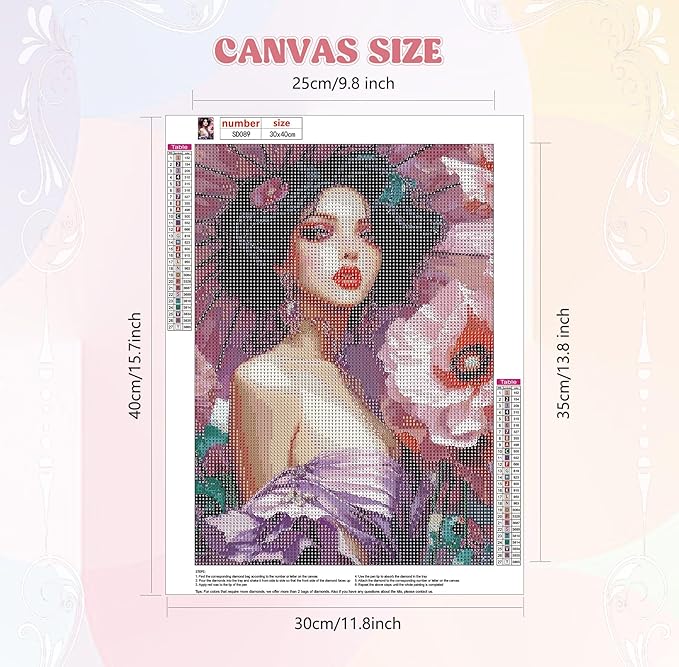 QENSPE Diamond Painting Art Kits for Adults, DIY Pink Flowers Full Drill Diamond Art Kit for Beginners, 5D Beautiful Woman Round Diamond Dots Paintings Gem Art Crafts Home Wall Decor Gifts 30x40cm