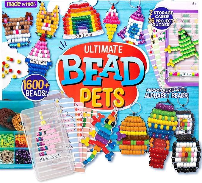 made by me ultimate bead pets by horizon group usa, bead pets crafts for kids, includes over 1400 beads, cording, keychains & carabiner clips, design templates, storage cases & more