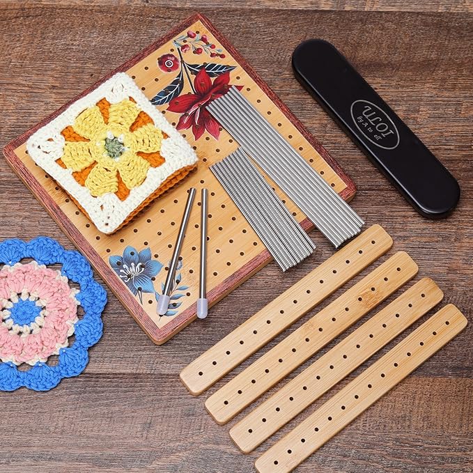 7.8”Crochet Blocking Board - Upgraded Style with 4 Tension Rods and 20 Pegs – Blocking Boards for Crochet Projects, Ideal for Granny Square Card Deck Users(Crimson)