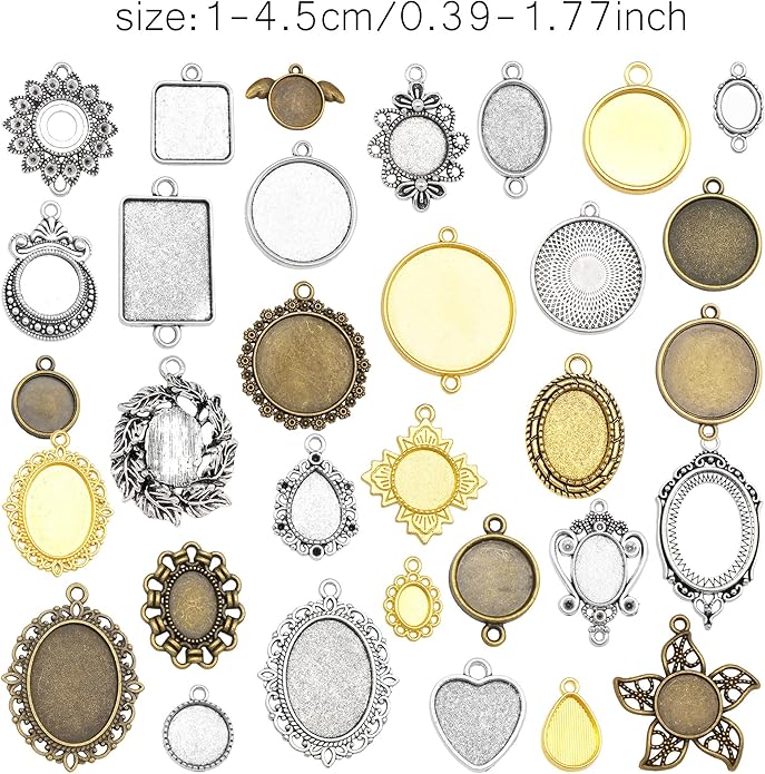 Assorted 60 Pieces Mini Size Blank Bezel Pendant Trays Antique Bronze Silver Golden 0.4-1.6 inches Alloy Cameo Setting for DIY Jewelry Making