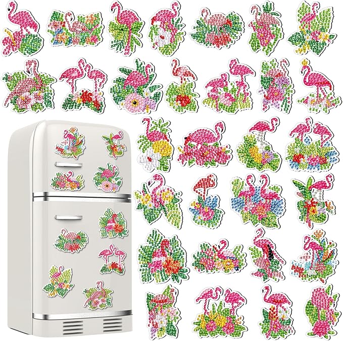 30 Pcs Summer Diamond Art Painting Magnets Flamingo Fridge Magnetic Diamond Art Painting Kits Flamingo Fridge Sticker Magnet DIY Craft for Adult Beginner Gifts Toy Home Office Decors