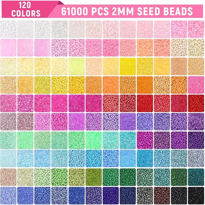 Funtopia 61000pcs 2mm Seed Beads for Jewelry Making, 5 Types 120 Colors Small Glass Beads for Bracelets, Friendship Bracelet Kit with Alphabet Letter Beads, Smile Face Beads for DIY, Art and Craft