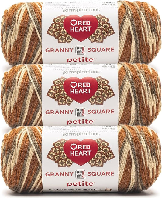 Red Heart All in One Granny Square Petite Mocha Yarn - 3 Pack of 250g/8.8oz - 100% Acrylic - #4 Worsted (Medium) - 440 Yards - Knitting/Crochet