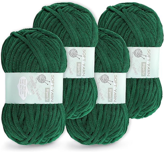 Chunky Chenille Yarn Velvet Soft Super Bulky Size 6 for Crocheting Knitting, Baby Blanket Yarn, 100g 71 Yds per Skein, Easy to Use for Scarves, Amigurumi, Crafts (4, Dark Green)