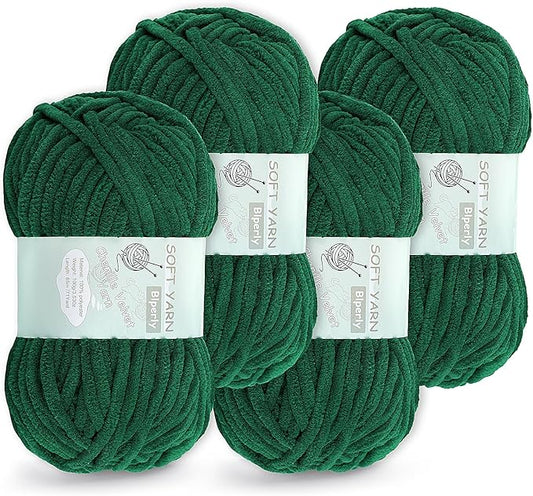 Chunky Chenille Yarn Velvet Soft Super Bulky Size 6 for Crocheting Knitting, Baby Blanket Yarn, 100g 71 Yds per Skein, Easy to Use for Scarves, Amigurumi, Crafts (4, Dark Green)