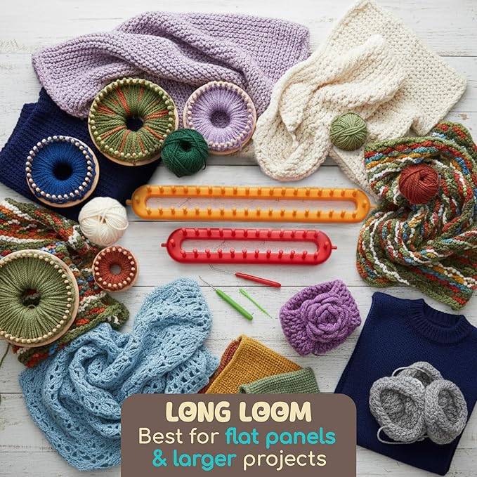 olikraft knitting loom kit - 4 round, 2 rectangular yarn looms - chunky blanket loom - for crochet, hat, scarf