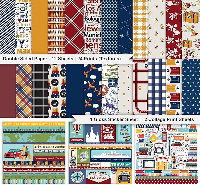 Inkdotpot Travel Collection Double,Sided Scrapbook Paper Kit Cardstock 12"x12" Card Making Paper Pack of with Sticker Sheet - 16 Pages - Multicolor
