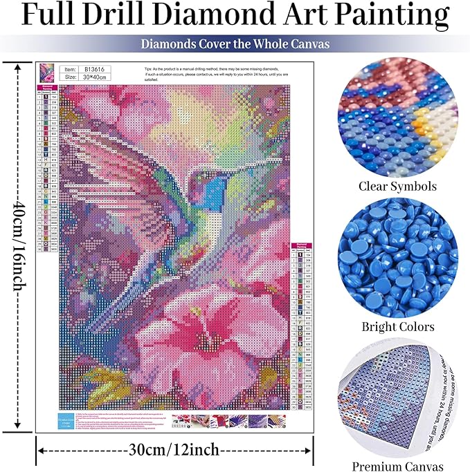 Fountor Hummingbird Diamond Art Kits for Adults, Bird Flower Diamond Painting Kits for Adults Beginners, DIY 5D Round Full Drill Gem Art Crafts Kits for Home Wall Decor 12x16 Inch