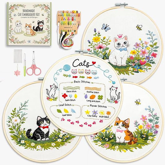 Peonfly Cat Embroidery Kit for Beginners, 4 Pack Stamped Embroidery Starter Kit with 4 Hoops, 9 Stitch Types Practice Sampler, Animal Floral Wall Hanging Decor, (Box 4pcs)