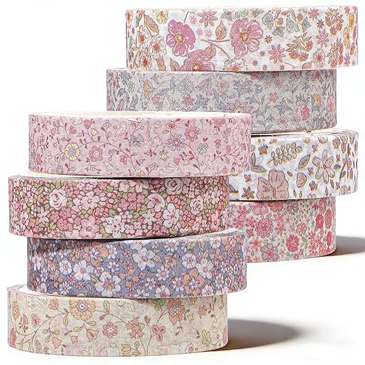 8 Rolls Flowers Arts Adhesive Tapes,Sakura Washi Tape Charming Vintage Washi Tape Set Thin Retro Decorative Masking Tapes for Journals Scrapbooking DIY Crafts Planners Gift Wrapping(Floral)