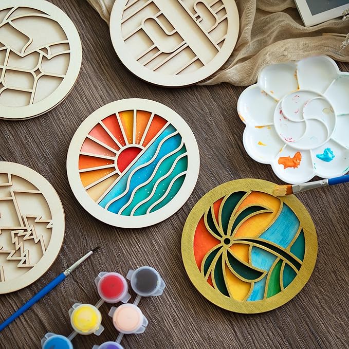 Temlum Wooden Coasters Painting Kit, Paint You Own Coaster Wooden Painting Craft Kit for Adults and Beginners Art Craft Supplies (Landscape)