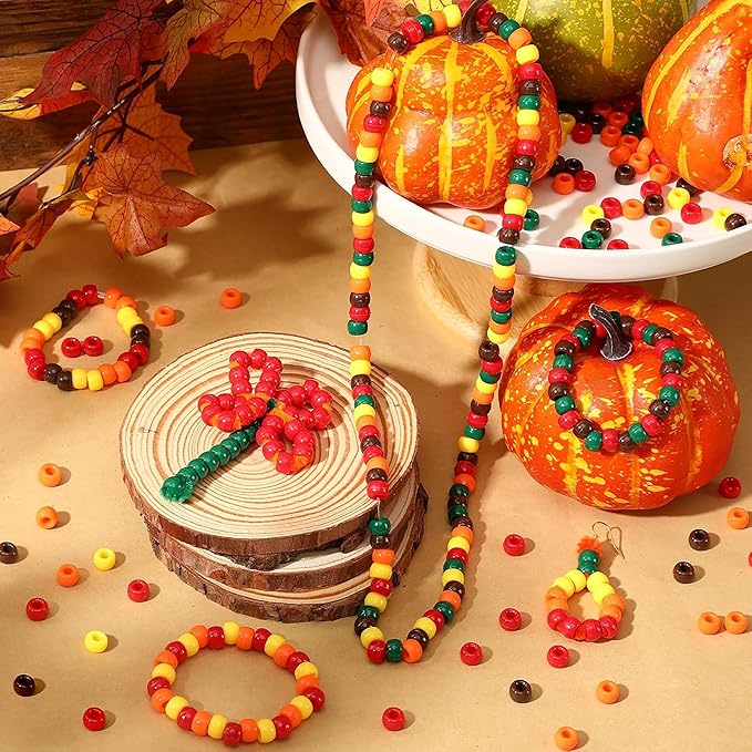 Fall Pony Beads for Friendship Bracelets 1000 Pcs 6x9mm Autumn Thanksgiving Plastic Beads for Party Decoration Supplies or Jewelry Making (Yellow Orange red Brown Dark-Green)