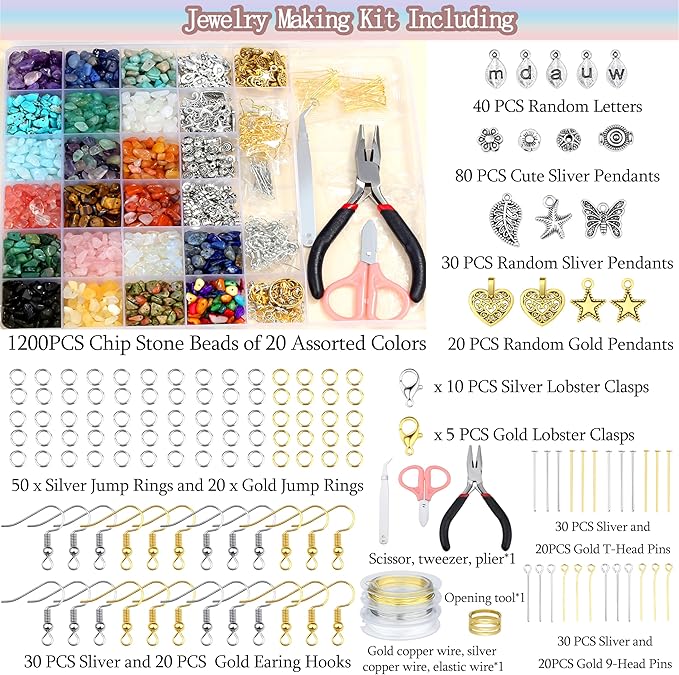 ZHIYUXI Natural Stone Beads for Jewelry Making Gemstone Crystal Beads with Beading Wire Earring Ring DIY Making 1600PCS 20Colors