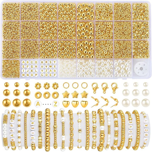 Funtopia Spacer Beads for Jewelry Making, 2500Pcs Gold Round Beads for Bracelets, 4mm 6mm 8mm Spacer Loose Ball Bead Star Pearls Letter Bead for DIY Bracelet Jewelry Making Craft