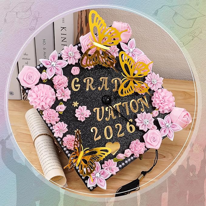 VISSTREE Graduation Cap Decorations Kit, 56 Pcs DIY Cap Decoration with Pink Artificial Flower Rhinestones Letter Stickers 3D Glitter Butterfly for 2026 Graduation Dress Grad Hats Topper